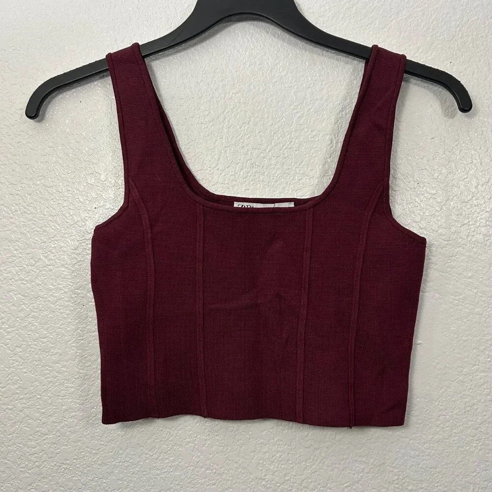Zara Burgundy Bustier Cropped Knit Tank Top - Picture 1 of 3